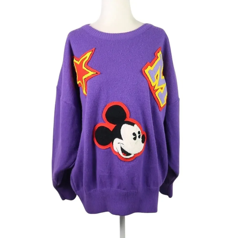Vintage 80s Sunday Comics purple Mickey Mouse patch sweater L
